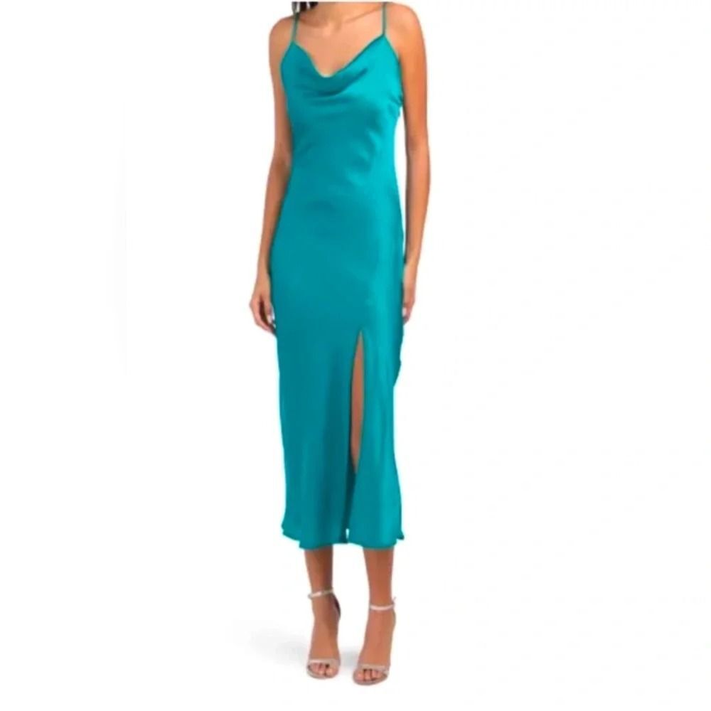 Green Satin Slip Dress Cowl Neck Dress Wedding Guest Teal Emerald Green
